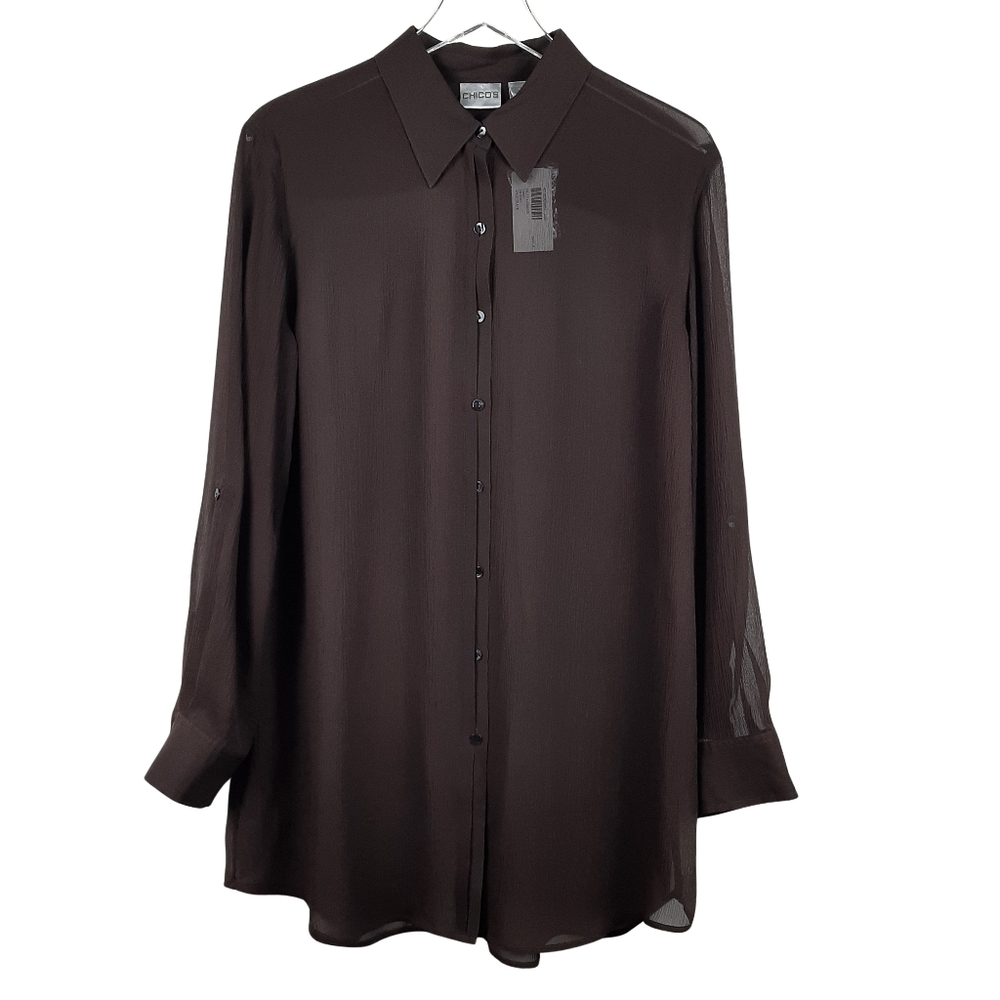 New Chico's 100% Silk Sheer Long Sleeve Chocolate Brown Top Size XL